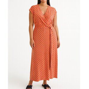 Lands End Women's Size Medium 10-12 Orange Short Sleeve V Neck Maxi Dress